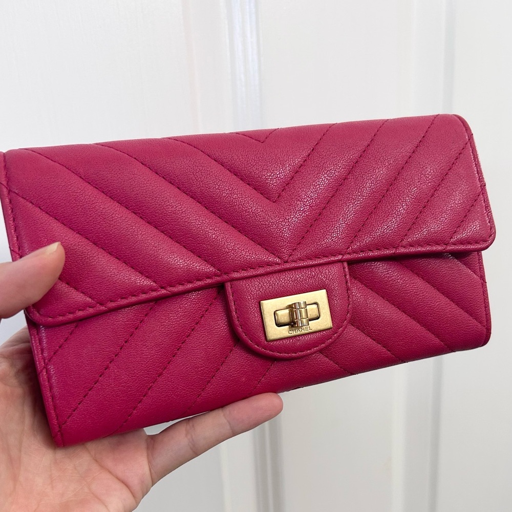 Chanel 2.55 Chevron Pink Quilted Caviar Long Flap Wallet